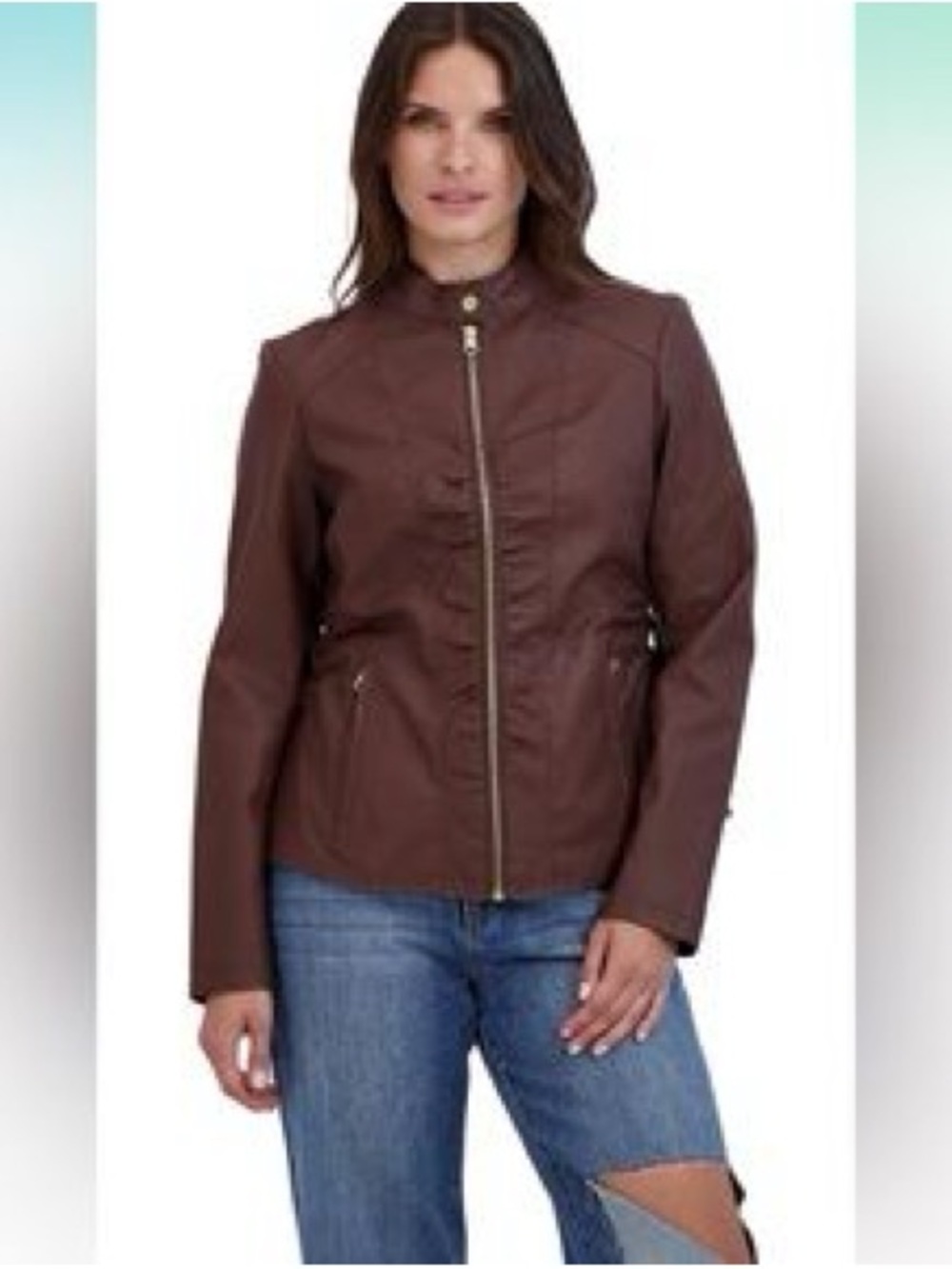 Baccini Brown Faux-Leather Ruched Zip Front Cafe Racer Moto Jacket